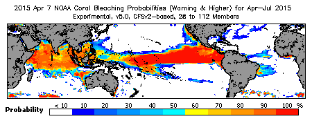 Current Bleaching Heat Stress Outlook Probability - Warning and higher