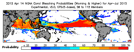 Current Bleaching Heat Stress Outlook Probability - Warning and higher