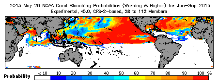 Current Bleaching Heat Stress Outlook Probability - Warning and higher