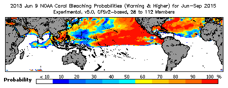 Current Bleaching Heat Stress Outlook Probability - Warning and higher