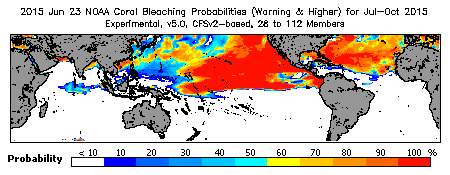 Current Bleaching Heat Stress Outlook Probability - Warning and higher