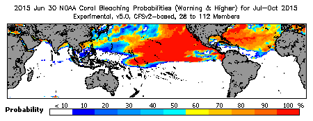 Current Bleaching Heat Stress Outlook Probability - Warning and higher