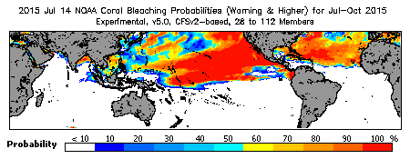 Current Bleaching Heat Stress Outlook Probability - Warning and higher