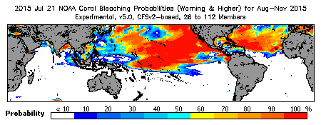 Current Bleaching Heat Stress Outlook Probability - Warning and higher