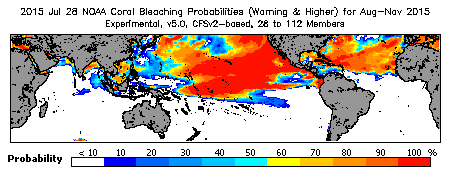 Current Bleaching Heat Stress Outlook Probability - Warning and higher