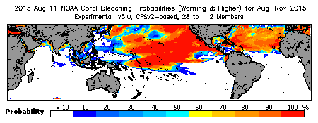 Current Bleaching Heat Stress Outlook Probability - Warning and higher