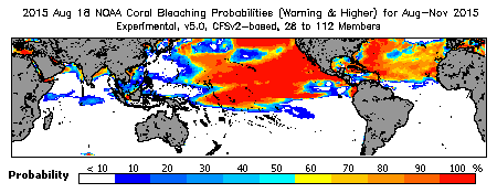 Current Bleaching Heat Stress Outlook Probability - Warning and higher