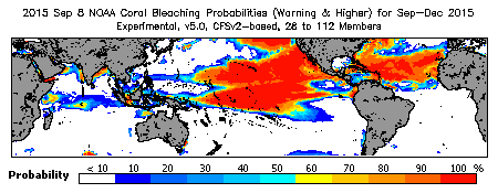 Current Bleaching Heat Stress Outlook Probability - Warning and higher