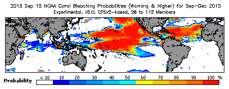 Current Bleaching Heat Stress Outlook Probability - Warning and higher