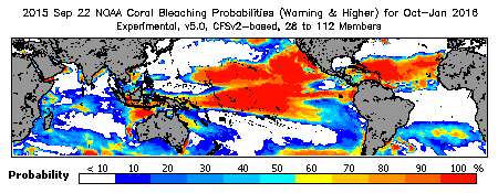 Current Bleaching Heat Stress Outlook Probability - Warning and higher