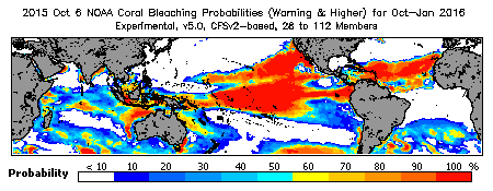 Current Bleaching Heat Stress Outlook Probability - Warning and higher