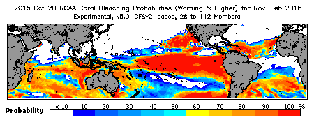 Current Bleaching Heat Stress Outlook Probability - Warning and higher