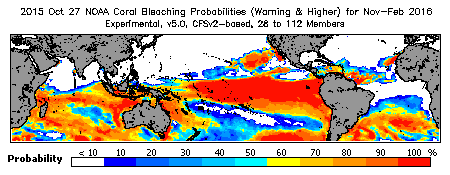 Current Bleaching Heat Stress Outlook Probability - Warning and higher