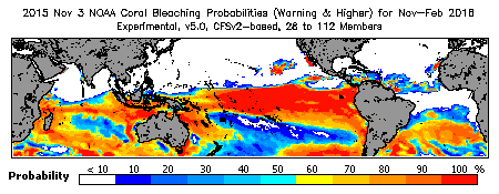 Current Bleaching Heat Stress Outlook Probability - Warning and higher