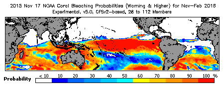 Current Bleaching Heat Stress Outlook Probability - Warning and higher