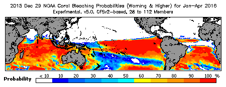 Current Bleaching Heat Stress Outlook Probability - Warning and higher