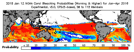 Current Bleaching Heat Stress Outlook Probability - Warning and higher