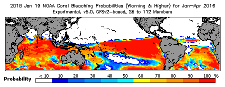 Current Bleaching Heat Stress Outlook Probability - Warning and higher