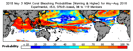 Current Bleaching Heat Stress Outlook Probability - Warning and higher