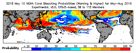 Current Bleaching Heat Stress Outlook Probability - Warning and higher