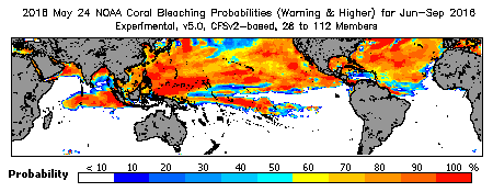 Current Bleaching Heat Stress Outlook Probability - Warning and higher