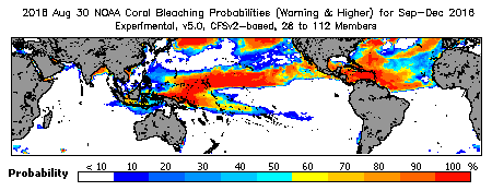 Current Bleaching Heat Stress Outlook Probability - Warning and higher