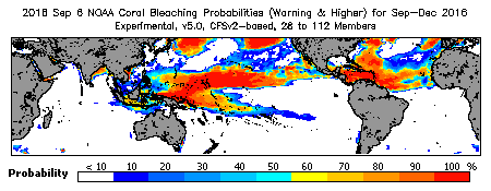 Current Bleaching Heat Stress Outlook Probability - Warning and higher