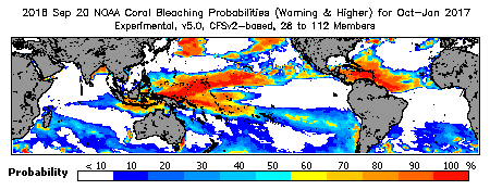 Current Bleaching Heat Stress Outlook Probability - Warning and higher