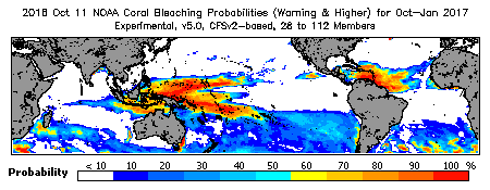 Current Bleaching Heat Stress Outlook Probability - Warning and higher