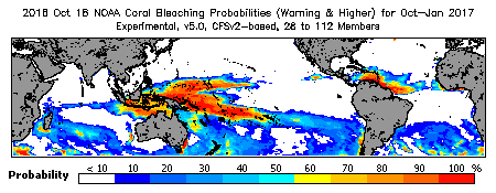 Current Bleaching Heat Stress Outlook Probability - Warning and higher