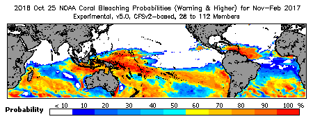Current Bleaching Heat Stress Outlook Probability - Warning and higher