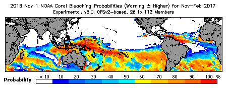 Current Bleaching Heat Stress Outlook Probability - Warning and higher