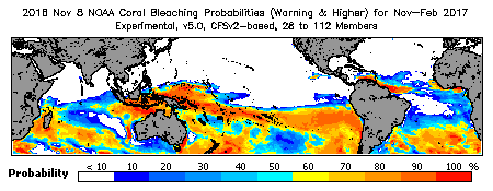 Current Bleaching Heat Stress Outlook Probability - Warning and higher