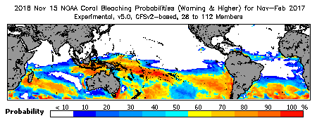 Current Bleaching Heat Stress Outlook Probability - Warning and higher