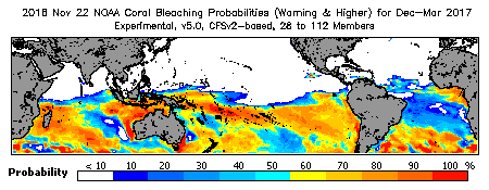 Current Bleaching Heat Stress Outlook Probability - Warning and higher