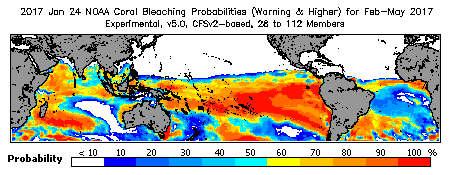 Current Bleaching Heat Stress Outlook Probability - Warning and higher