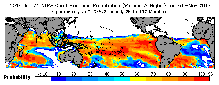Current Bleaching Heat Stress Outlook Probability - Warning and higher