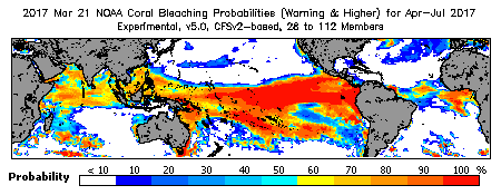 Current Bleaching Heat Stress Outlook Probability - Warning and higher