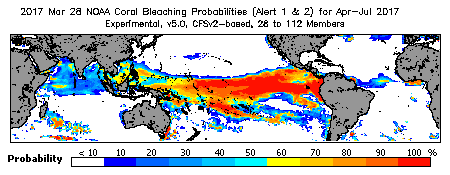 Current Bleaching Heat Stress Outlook Probability - Alert Levels 1 and 2