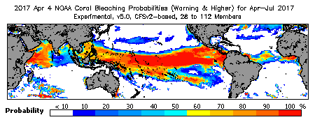 Current Bleaching Heat Stress Outlook Probability - Warning and higher