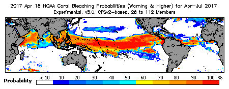 Current Bleaching Heat Stress Outlook Probability - Warning and higher