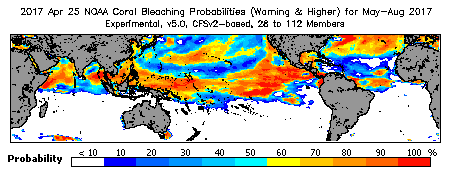 Current Bleaching Heat Stress Outlook Probability - Warning and higher