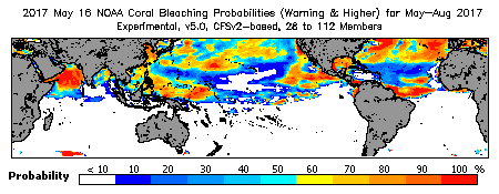 Current Bleaching Heat Stress Outlook Probability - Warning and higher