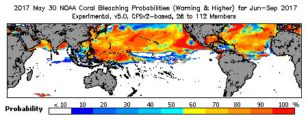 Current Bleaching Heat Stress Outlook Probability - Warning and higher