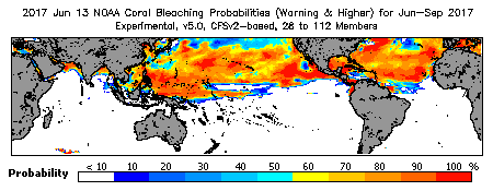 Current Bleaching Heat Stress Outlook Probability - Warning and higher