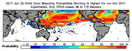 Current Bleaching Heat Stress Outlook Probability - Warning and higher