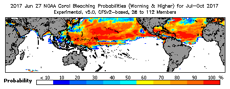 Current Bleaching Heat Stress Outlook Probability - Warning and higher