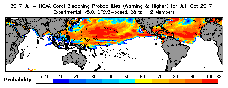 Current Bleaching Heat Stress Outlook Probability - Warning and higher