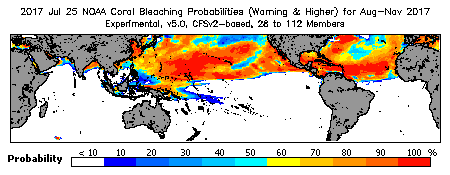 Current Bleaching Heat Stress Outlook Probability - Warning and higher