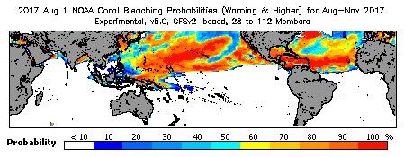 Current Bleaching Heat Stress Outlook Probability - Warning and higher